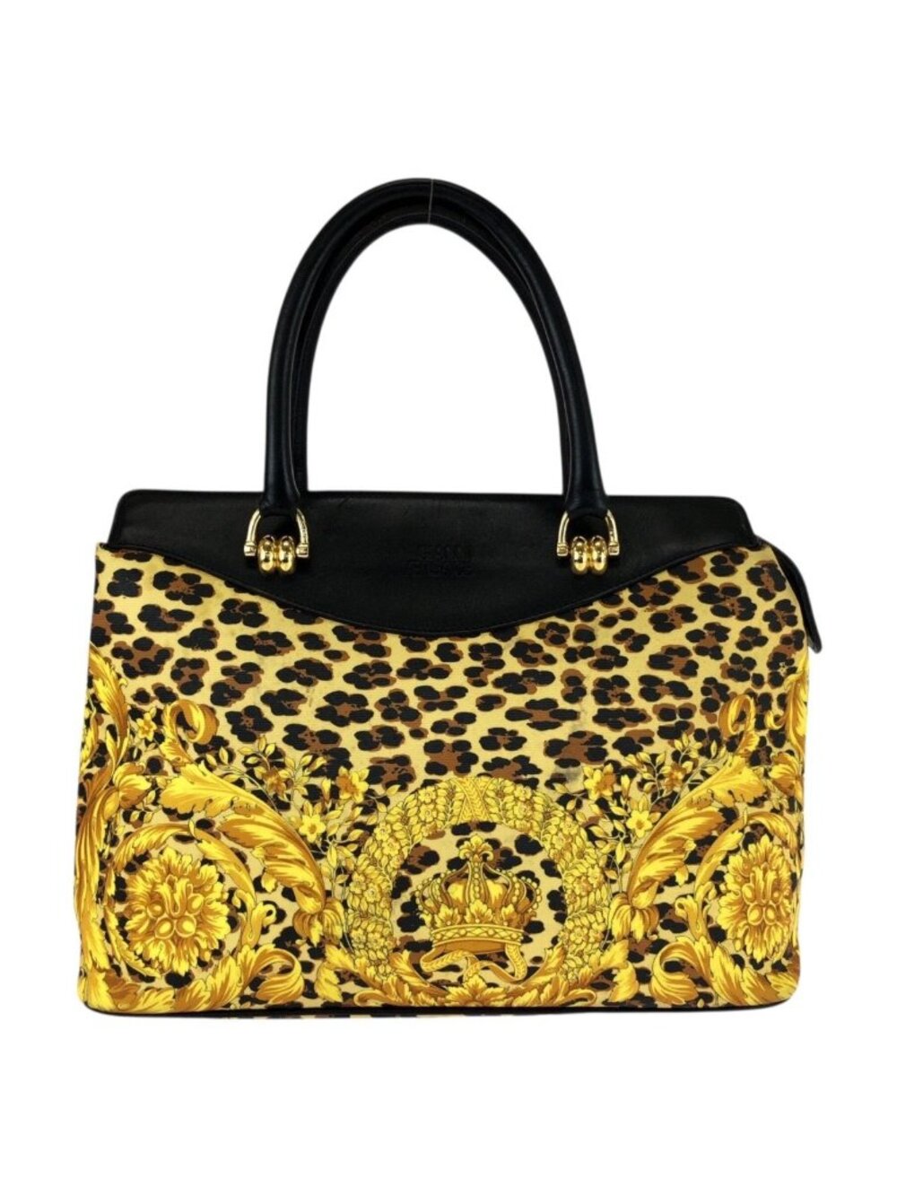 Versace Vintage Baroque Yellow Black Gold Leather Mini Boston Bag